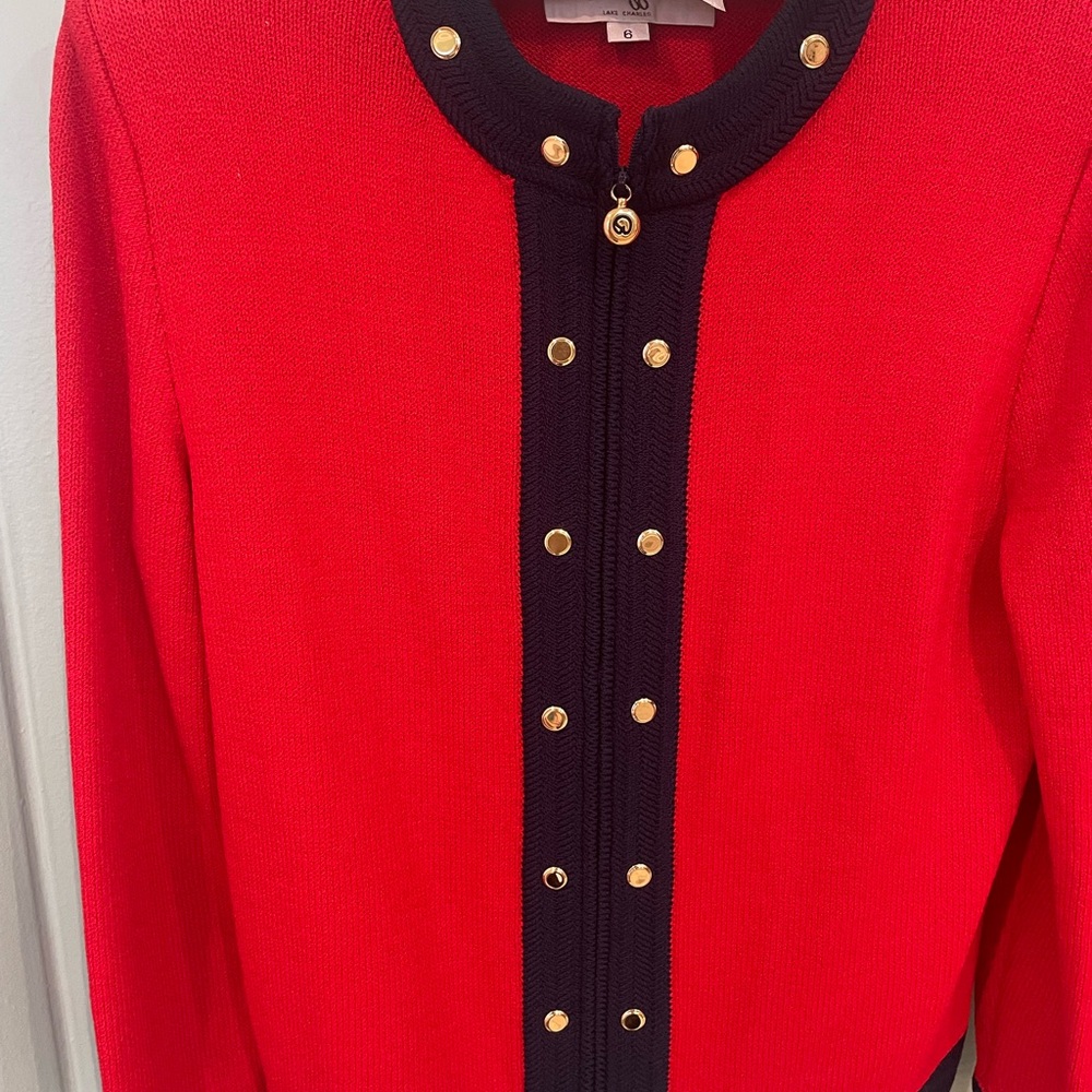 Chic St John Red and navy zip top  jacket  with Gold Accents
